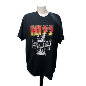 Retro Style Hiss Cat Parody Band Graphic T-Shirt 2XL Black Cotton Short Sleeve U